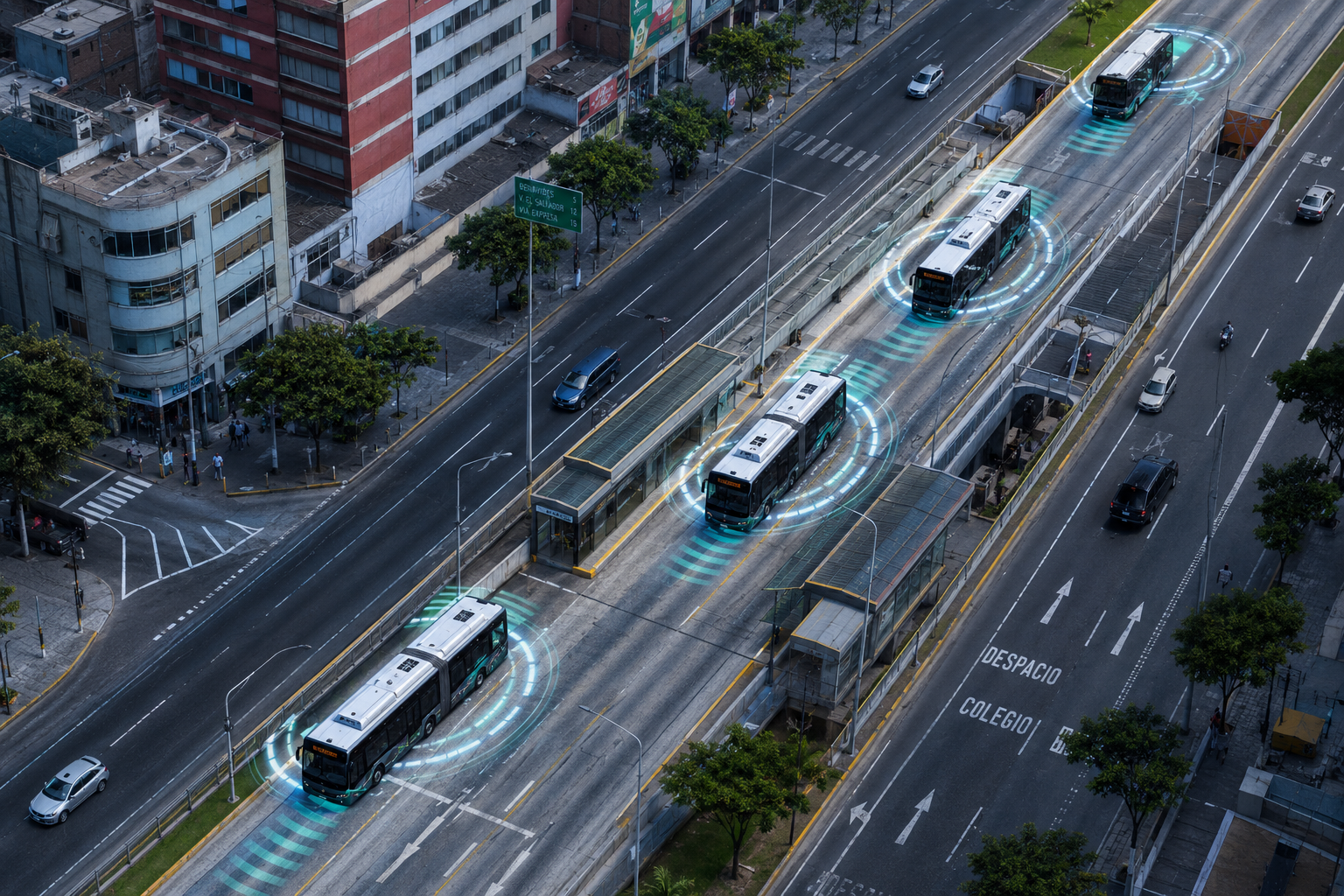 Vista aérea de buses circulando por un corredor urbano